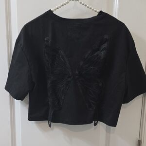 ROMWE Black Butterfly Detail Crop Top